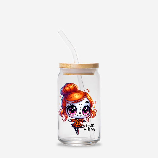 Fall Vibes Girl Glass Can