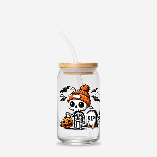 Skelly Pumpkin Glass Can